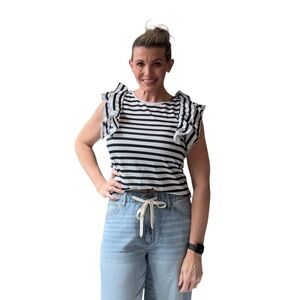 SHEIN Striped Ruffle Sleeve Top - Black And White Stripes - Women's Size Large